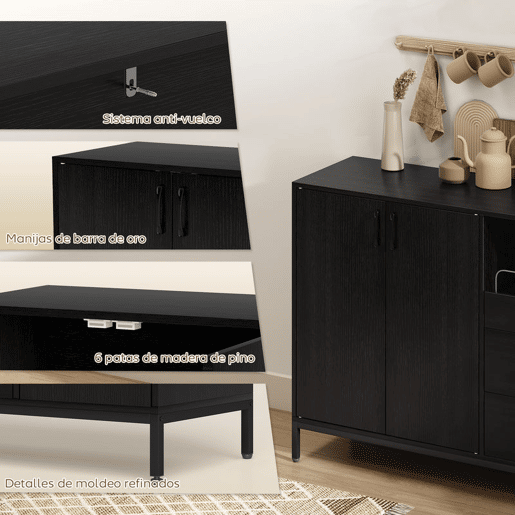 HOMCOM Aparador com 3 Portas e 3 Gavetas Prateleiras Ajustáveis para Cozinha Entrada Sala de Jantar Quarto 143,5x40x90 cm Preto