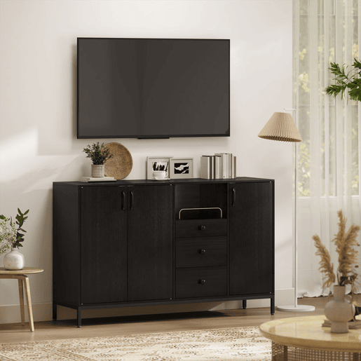 HOMCOM Aparador com 3 Portas e 3 Gavetas Prateleiras Ajustáveis para Cozinha Entrada Sala de Jantar Quarto 143,5x40x90 cm Preto