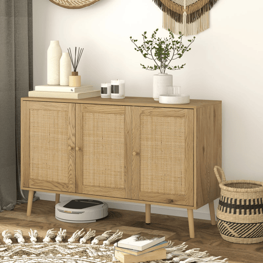 HOMCOM Aparador para Sala de Estar com 3 Portas em Vime Aparador Estilo Boémio, com Prateleiras Ajustáveis para Cozinha Entrada Quarto 120x40x75 cm Madeira