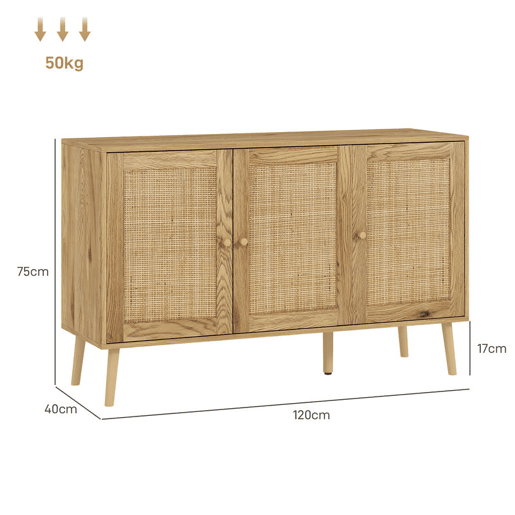 HOMCOM Aparador para Sala de Estar com 3 Portas em Vime Aparador Estilo Boémio, com Prateleiras Ajustáveis para Cozinha Entrada Quarto 120x40x75 cm Madeira