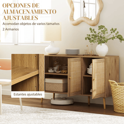 HOMCOM Aparador para Sala de Estar com 3 Portas em Vime Aparador Estilo Boémio, com Prateleiras Ajustáveis para Cozinha Entrada Quarto 120x40x75 cm Madeira