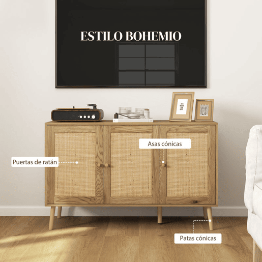 HOMCOM Aparador para Sala de Estar com 3 Portas em Vime Aparador Estilo Boémio, com Prateleiras Ajustáveis para Cozinha Entrada Quarto 120x40x75 cm Madeira