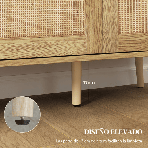 HOMCOM Aparador para Sala de Estar com 3 Portas em Vime Aparador Estilo Boémio, com Prateleiras Ajustáveis para Cozinha Entrada Quarto 120x40x75 cm Madeira