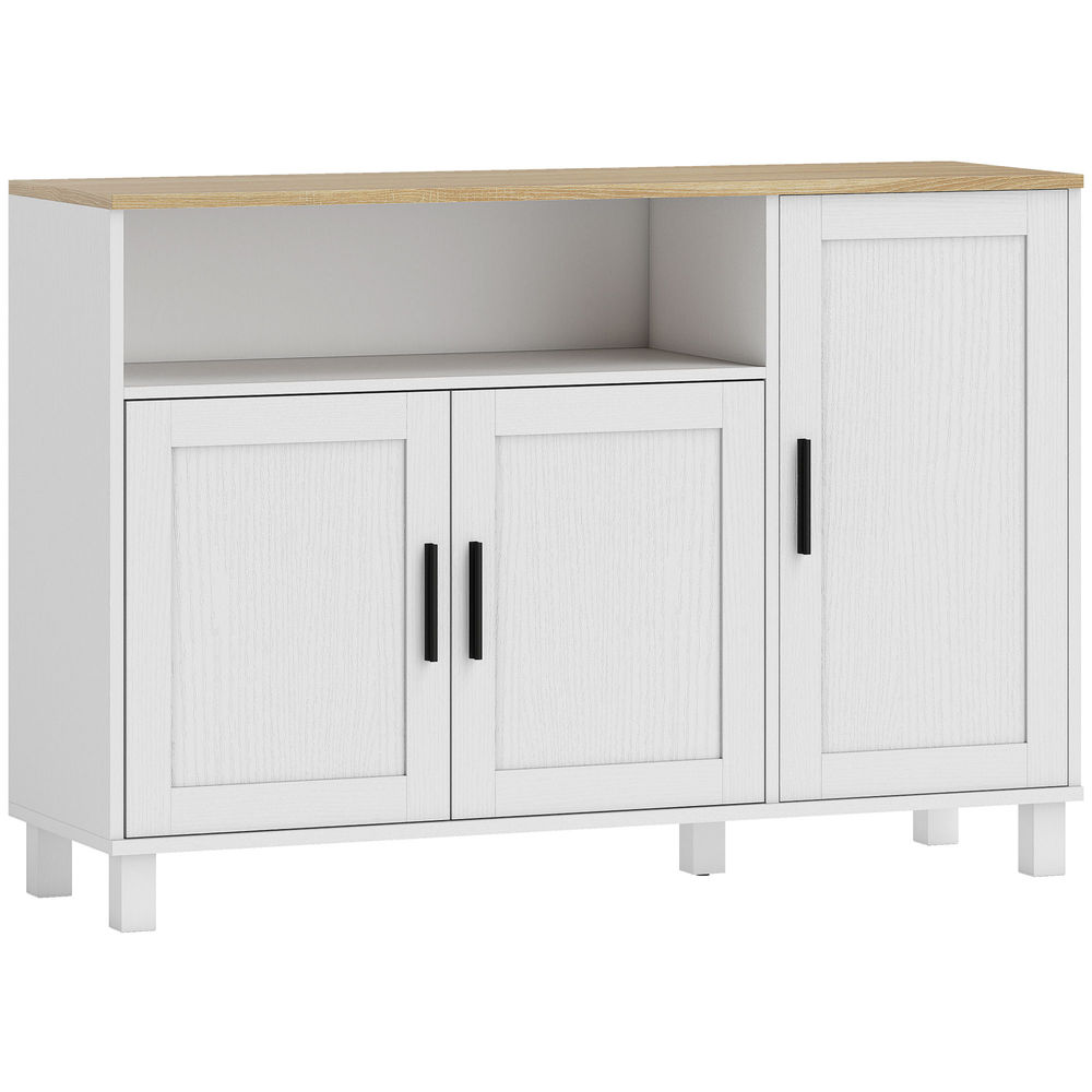 Homcom aparador de 3 puertas de cierre suave, aparador de salón con estantes ajustables, compartimento abierto, patas de madera, para cocina, entrada, dormitorio, blanco, 110x33x75 cm