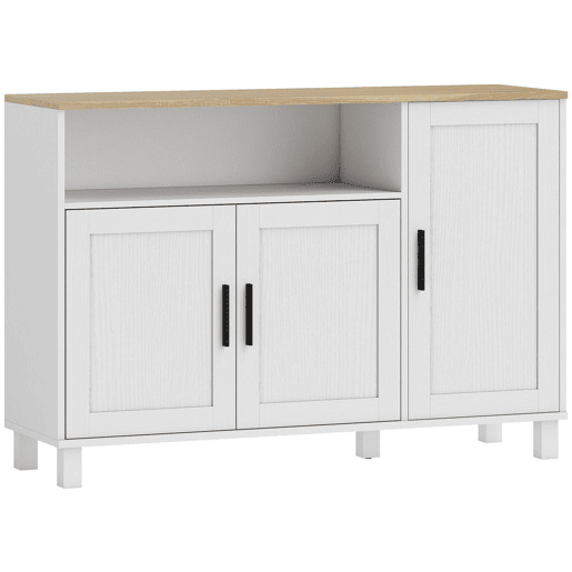 HOMCOM Aparador de 3 Portas de Fecho Suave Aparador de Sala com Prateleiras Ajustáveis Compartimento Aberto Pernas de Madeira para Cozinha Entrada Quarto 110x33x75 cm Branco HOMCOM Aparador de 3 Portas de Fecho Suave Aparador de Sala com Prateleiras Ajustáveis Compartimento Aberto Pernas de Madeira para Cozinha Entrada Quarto 110x33x75 cm Branco
