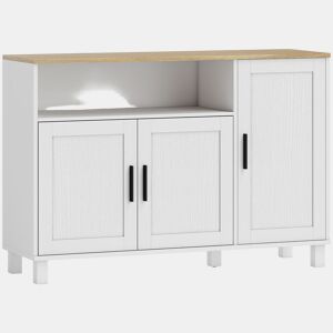 HOMCOM Aparador de 3 Portas de Fecho Suave Aparador de Sala com Prateleiras Ajustáveis Compartimento Aberto Pernas de Madeira para Cozinha Entrada Quarto 110x33x75 cm Branco