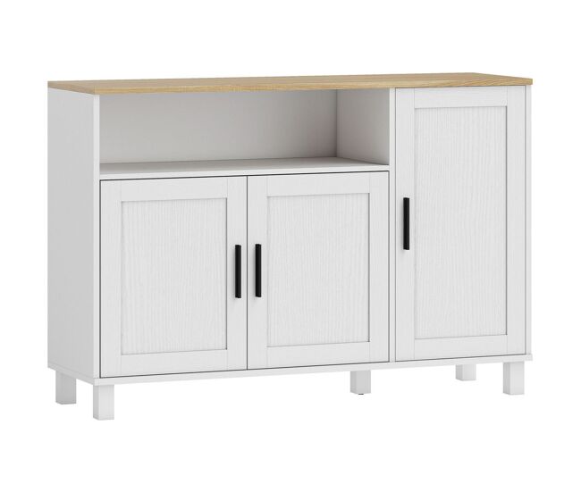 Homcom aparador de 3 puertas de cierre suave, aparador de salón con estantes ajustables, compartimento abierto, patas de madera, para cocina, entrada, dormitorio, blanco, 110x33x75 cm