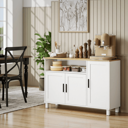 HOMCOM Aparador de 3 Portas de Fecho Suave Aparador de Sala com Prateleiras Ajustáveis Compartimento Aberto Pernas de Madeira para Cozinha Entrada Quarto 110x33x75 cm Branco HOMCOM Aparador de 3 Portas de Fecho Suave Aparador de Sala com Prateleiras Ajustáveis Compartimento Aberto Pernas de Madeira para Cozinha Entrada Quarto 110x33x75 cm Branco