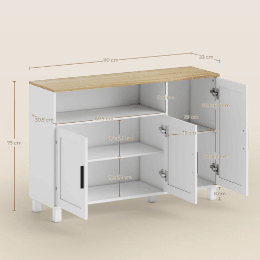HOMCOM Aparador de 3 Portas de Fecho Suave Aparador de Sala com Prateleiras Ajustáveis Compartimento Aberto Pernas de Madeira para Cozinha Entrada Quarto 110x33x75 cm Branco HOMCOM Aparador de 3 Portas de Fecho Suave Aparador de Sala com Prateleiras Ajustáveis Compartimento Aberto Pernas de Madeira para Cozinha Entrada Quarto 110x33x75 cm Branco