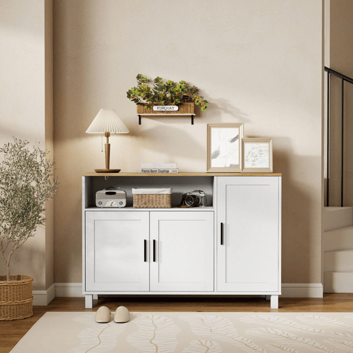 HOMCOM Aparador de 3 Portas de Fecho Suave Aparador de Sala com Prateleiras Ajustáveis Compartimento Aberto Pernas de Madeira para Cozinha Entrada Quarto 110x33x75 cm Branco HOMCOM Aparador de 3 Portas de Fecho Suave Aparador de Sala com Prateleiras Ajustáveis Compartimento Aberto Pernas de Madeira para Cozinha Entrada Quarto 110x33x75 cm Branco