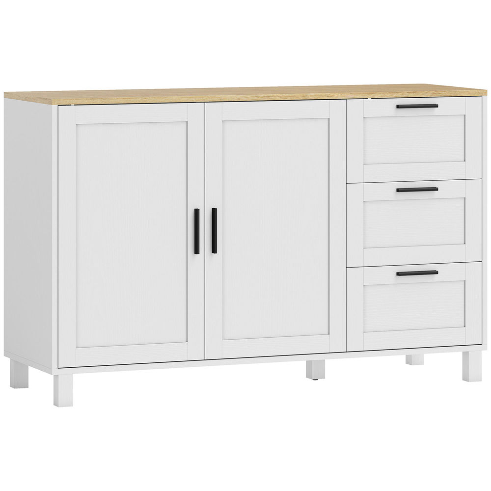 Homcom aparador de 2 puertas de cierre suave, aparador de salón con estante ajustable, 3 cajones, patas de madera, para cocina, entrada, dormitorio, blanco, 120x38x76 cm