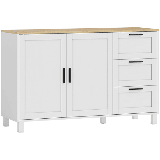 HOMCOM Aparador de 2 Portas com Fecho Suave, Aparador de Sala com Prateleira Ajustável, 3 Gavetas, Pés de Madeira, para Cozinha, Entrada, Quarto, Branco, 120x38x76 cm HOMCOM Aparador de 2 Portas com Fecho Suave, Aparador de Sala com Prateleira Ajustável, 3 Gavetas, Pés de Madeira, para Cozinha, Entrada, Quarto, Branco, 120x38x76 cm