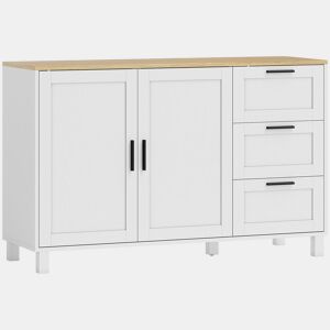 HOMCOM Aparador de 2 Portas com Fecho Suave, Aparador de Sala com Prateleira Ajustável, 3 Gavetas, Pés de Madeira, para Cozinha, Entrada, Quarto, Branco, 120x38x76 cm