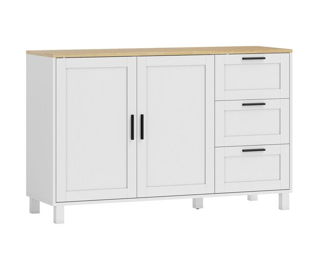Homcom aparador de 2 puertas de cierre suave, aparador de salón con estante ajustable, 3 cajones, patas de madera, para cocina, entrada, dormitorio, blanco, 120x38x76 cm