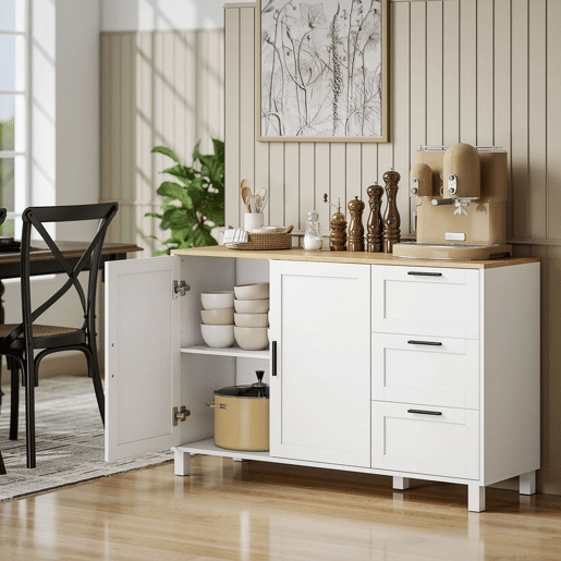 HOMCOM Aparador de 2 Portas com Fecho Suave, Aparador de Sala com Prateleira Ajustável, 3 Gavetas, Pés de Madeira, para Cozinha, Entrada, Quarto, Branco, 120x38x76 cm HOMCOM Aparador de 2 Portas com Fecho Suave, Aparador de Sala com Prateleira Ajustável, 3 Gavetas, Pés de Madeira, para Cozinha, Entrada, Quarto, Branco, 120x38x76 cm