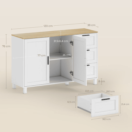 HOMCOM Aparador de 2 Portas com Fecho Suave, Aparador de Sala com Prateleira Ajustável, 3 Gavetas, Pés de Madeira, para Cozinha, Entrada, Quarto, Branco, 120x38x76 cm HOMCOM Aparador de 2 Portas com Fecho Suave, Aparador de Sala com Prateleira Ajustável, 3 Gavetas, Pés de Madeira, para Cozinha, Entrada, Quarto, Branco, 120x38x76 cm