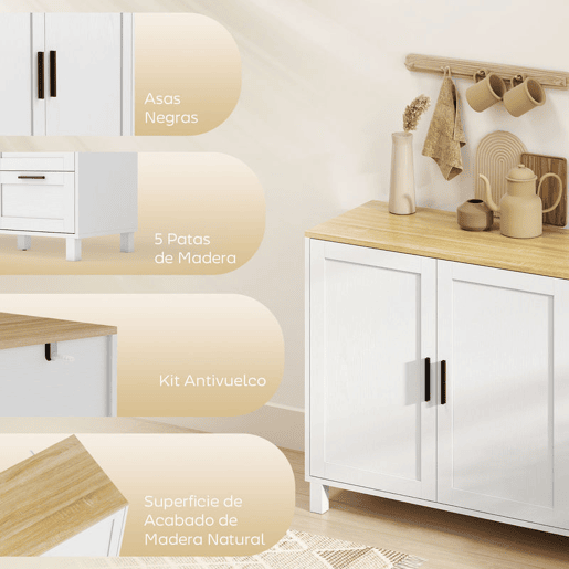 HOMCOM Aparador de 2 Portas com Fecho Suave, Aparador de Sala com Prateleira Ajustável, 3 Gavetas, Pés de Madeira, para Cozinha, Entrada, Quarto, Branco, 120x38x76 cm HOMCOM Aparador de 2 Portas com Fecho Suave, Aparador de Sala com Prateleira Ajustável, 3 Gavetas, Pés de Madeira, para Cozinha, Entrada, Quarto, Branco, 120x38x76 cm