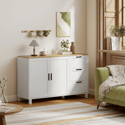 HOMCOM Aparador de 2 Portas com Fecho Suave, Aparador de Sala com Prateleira Ajustável, 3 Gavetas, Pés de Madeira, para Cozinha, Entrada, Quarto, Branco, 120x38x76 cm HOMCOM Aparador de 2 Portas com Fecho Suave, Aparador de Sala com Prateleira Ajustável, 3 Gavetas, Pés de Madeira, para Cozinha, Entrada, Quarto, Branco, 120x38x76 cm