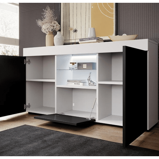 Aparador Sala de estar e jantar BrancoPreto 135x34x73 3 portas LED Sefora Muebles Bonitos