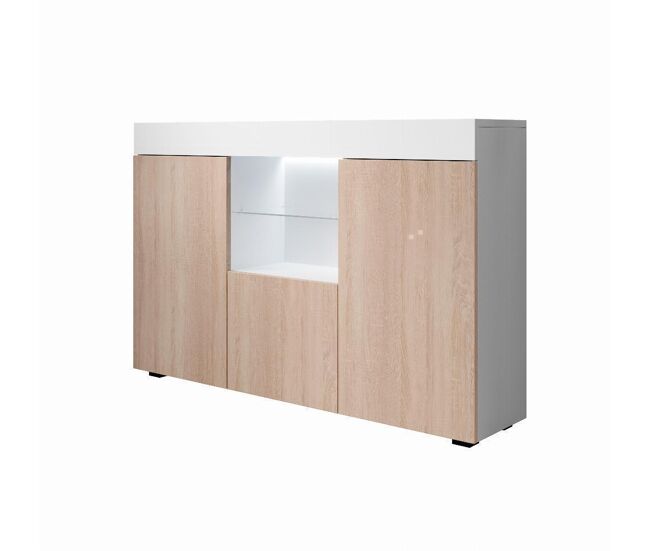 Aparador salón comedor blanco/sonoma 135x34x73 3 puertas led sefora muebles bonitos