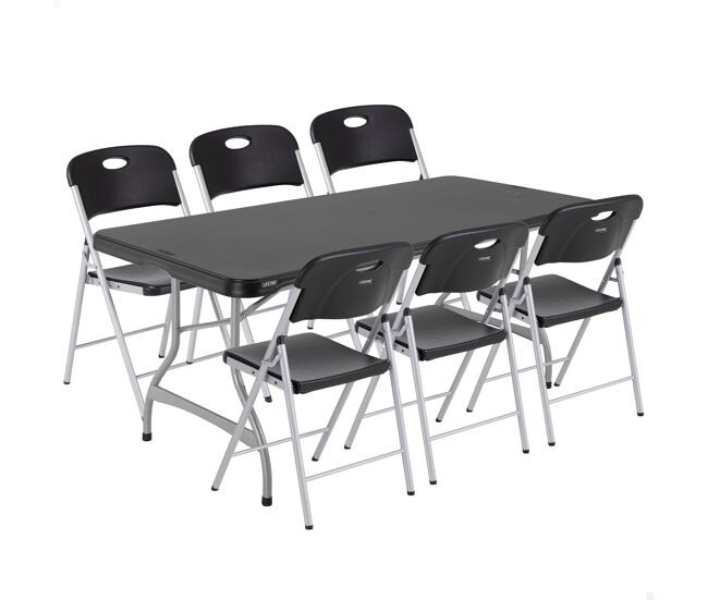 Pack mesa plegable 182x76 cm + 6 sillas plegables negro lifetime