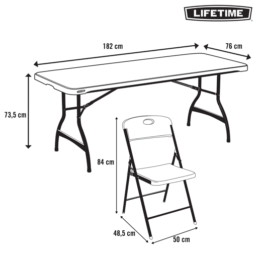 Pack mesa rebatível 182x76 cm + 6 cadeiras rebatíveis pretas Lifetime Pack mesa rebatível 182x76 cm + 6 cadeiras rebatíveis pretas Lifetime