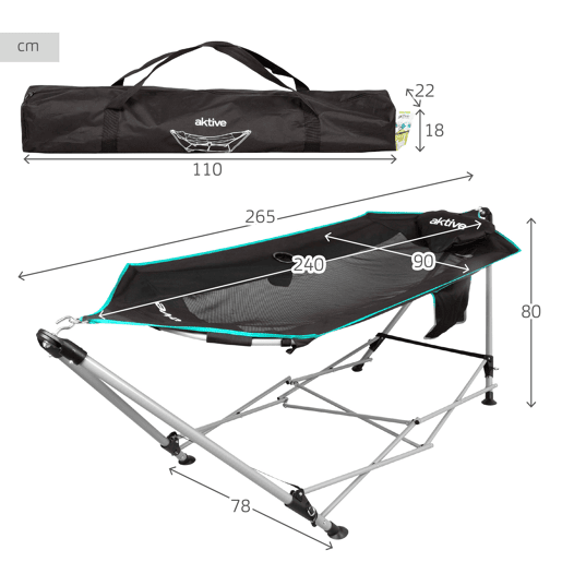 Aktive Rede dobrável com estrutura de aço 265x78x80 cm com porta-copos