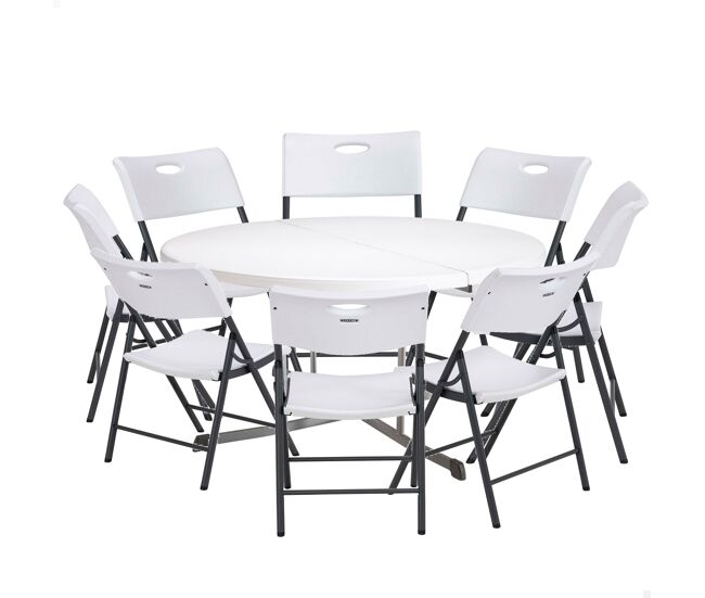 Pack mesa redonda plegable ø152 cm + 8 sillas plegables blanco lifetime