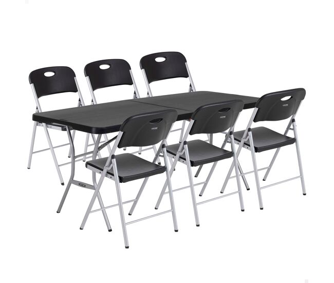 Pack mesa plegable 183x76 cm + 6 sillas plegables negro lifetime