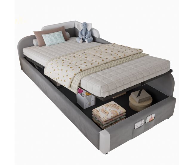 Cama con almacenaje,cama infantil de terciopelo 90x200cm,gris