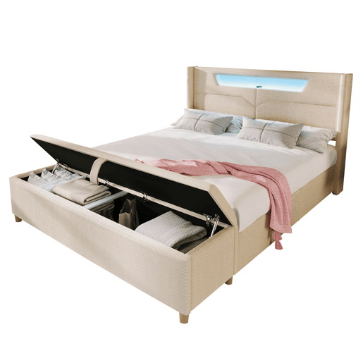 Cama de casal de linho 140x200cm com luz led,bege