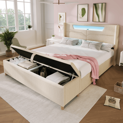 Cama de casal de linho 140x200cm com luz led,bege