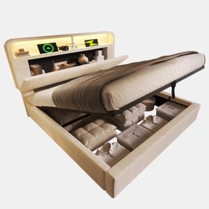 Cama com armazenamento,cama de casal de veludo 140x200cm com luz led,bege