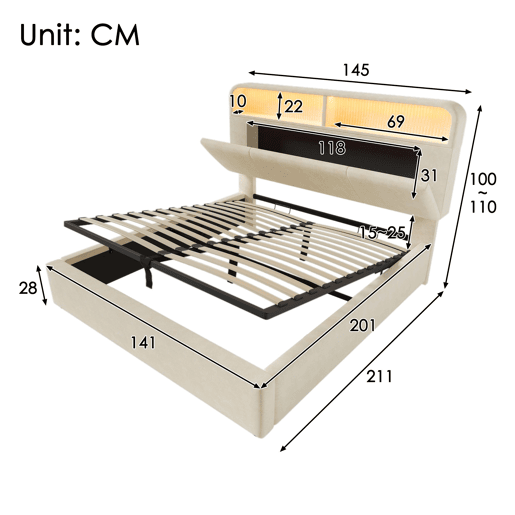 Cama com armazenamento,cama de casal de veludo 140x200cm com luz led,bege
