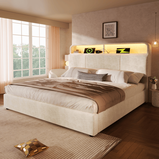 Cama com armazenamento,cama de casal de veludo 140x200cm com luz led,bege