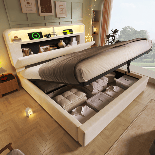 Cama com armazenamento,cama de casal de veludo 140x200cm com luz led,bege