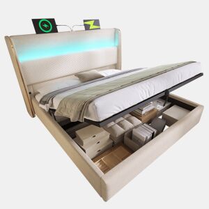 Cama com armazenamento,cama de casal de linho 160x200cm com luz led,bege