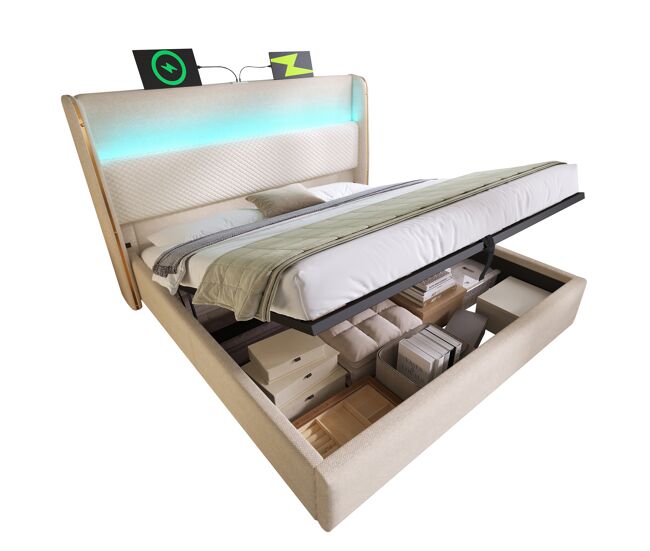 Cama con almacenaje,cama de matrimonio de lino 160x200cm con luz led,beige