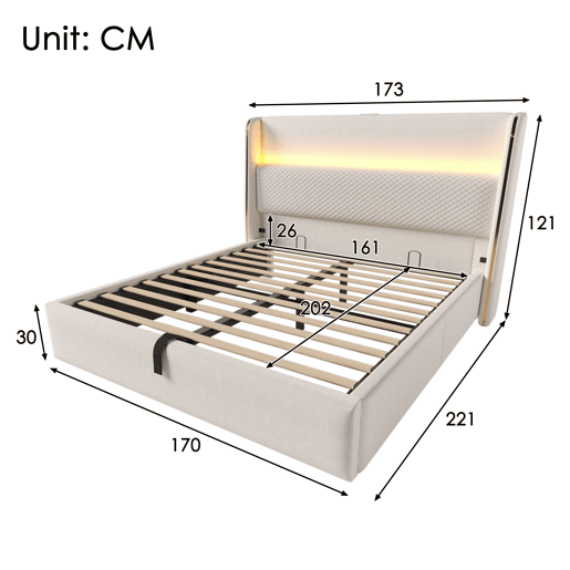 Cama com armazenamento,cama de casal de linho 160x200cm com luz led,bege