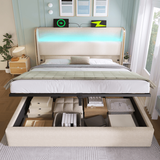 Cama com armazenamento,cama de casal de linho 160x200cm com luz led,bege