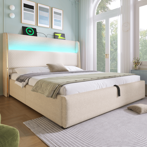 Cama com armazenamento,cama de casal de linho 160x200cm com luz led,bege
