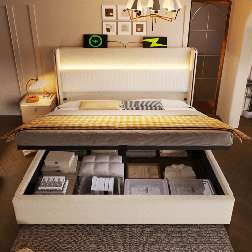 Cama com armazenamento,cama de casal de linho 160x200cm com luz led,bege