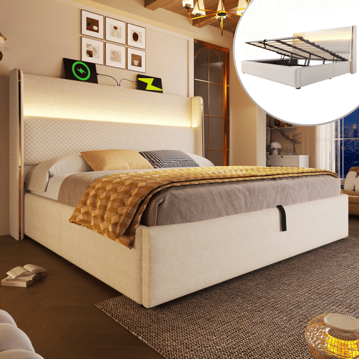 Cama com armazenamento,cama de casal de linho 160x200cm com luz led,bege