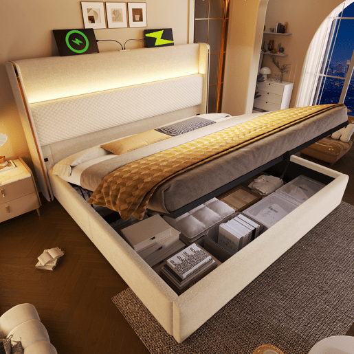 Cama com armazenamento,cama de casal de linho 160x200cm com luz led,bege