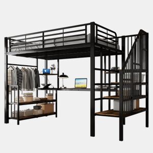 Cama alta,cama de criança de metal 120x200cm,preto+natural