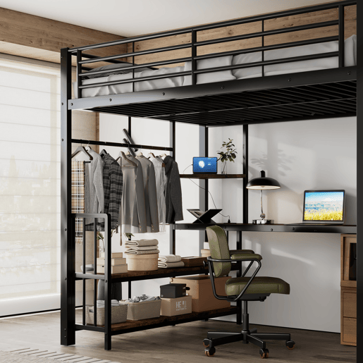 Cama alta,cama de criança de metal 120x200cm,preto+natural