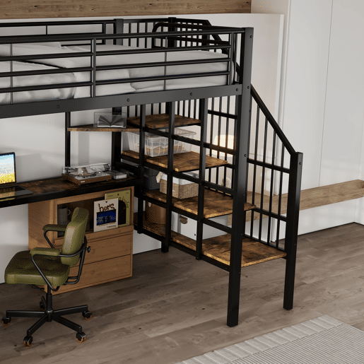 Cama alta,cama de criança de metal 120x200cm,preto+natural