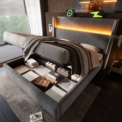 Cama com armazenamento,cama de casal de linho 180x200cm com luz led,cinza