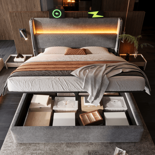 Cama com armazenamento,cama de casal de linho 180x200cm com luz led,cinza