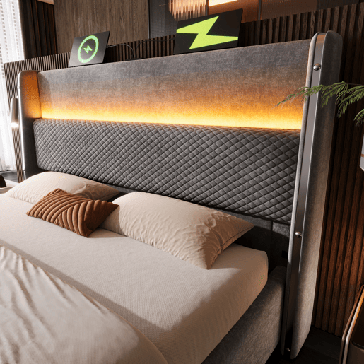 Cama com armazenamento,cama de casal de linho 180x200cm com luz led,cinza